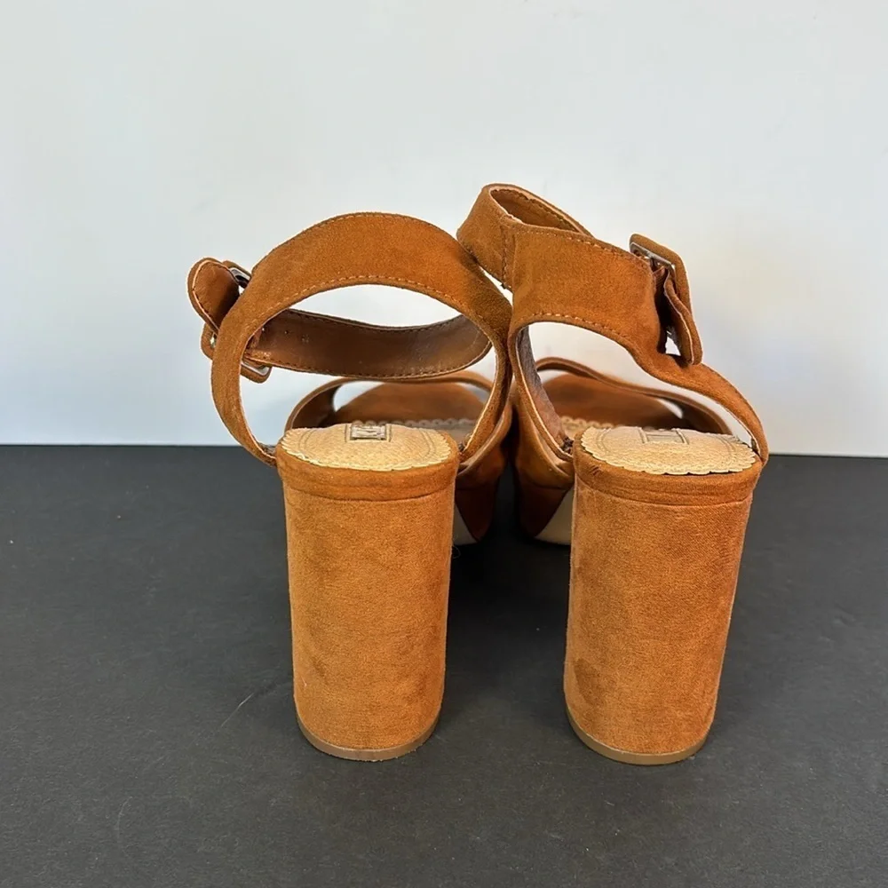 Liliana Suede Platform Heels Sz 7 Cognac Block Heel Ankle Strap Sandals Y2K